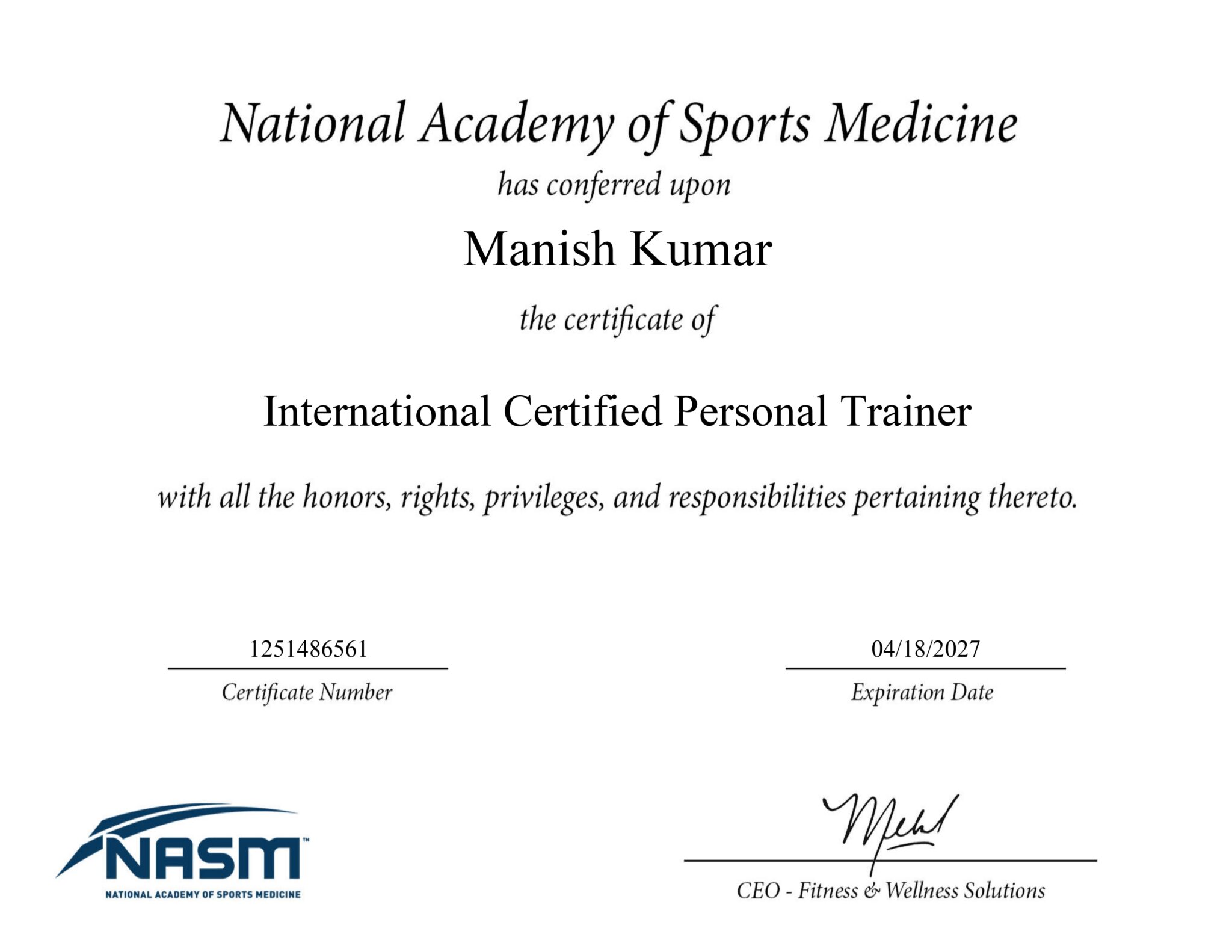 Manish Kumar NASM Certification